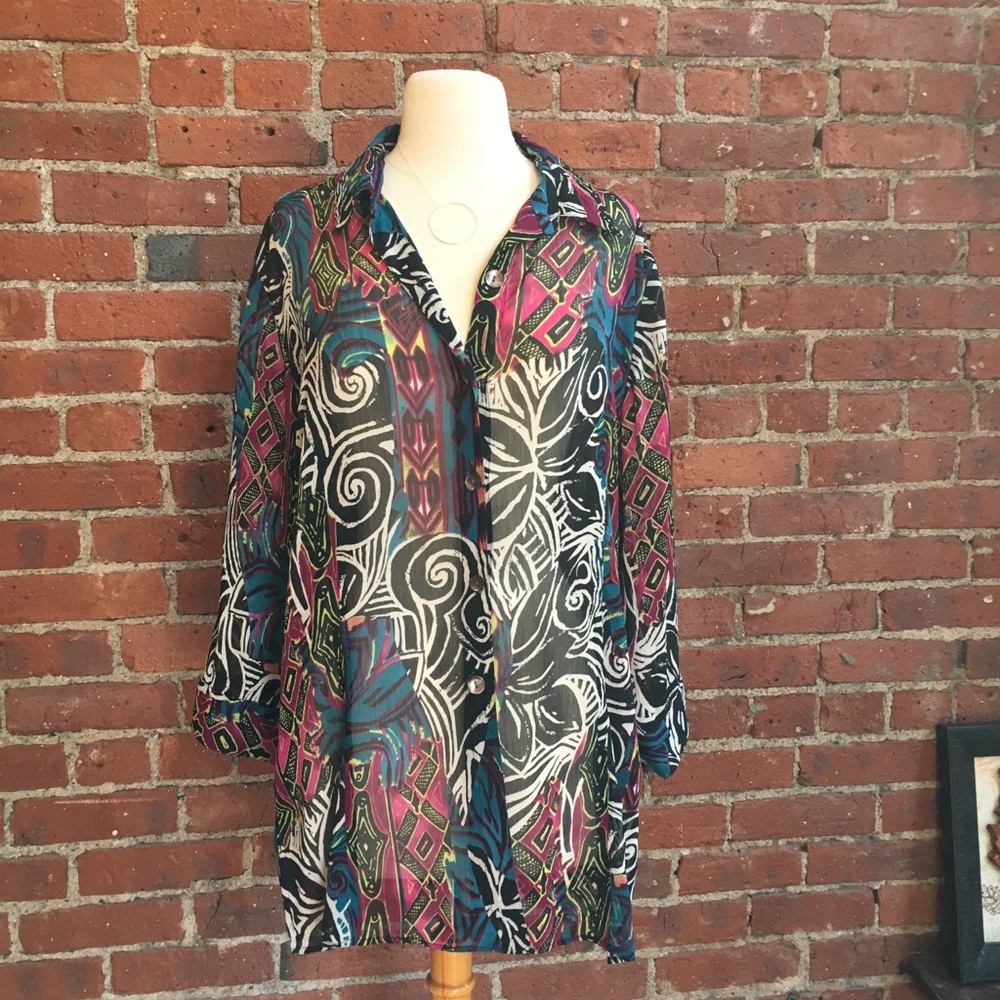 Painted sheer printed button up